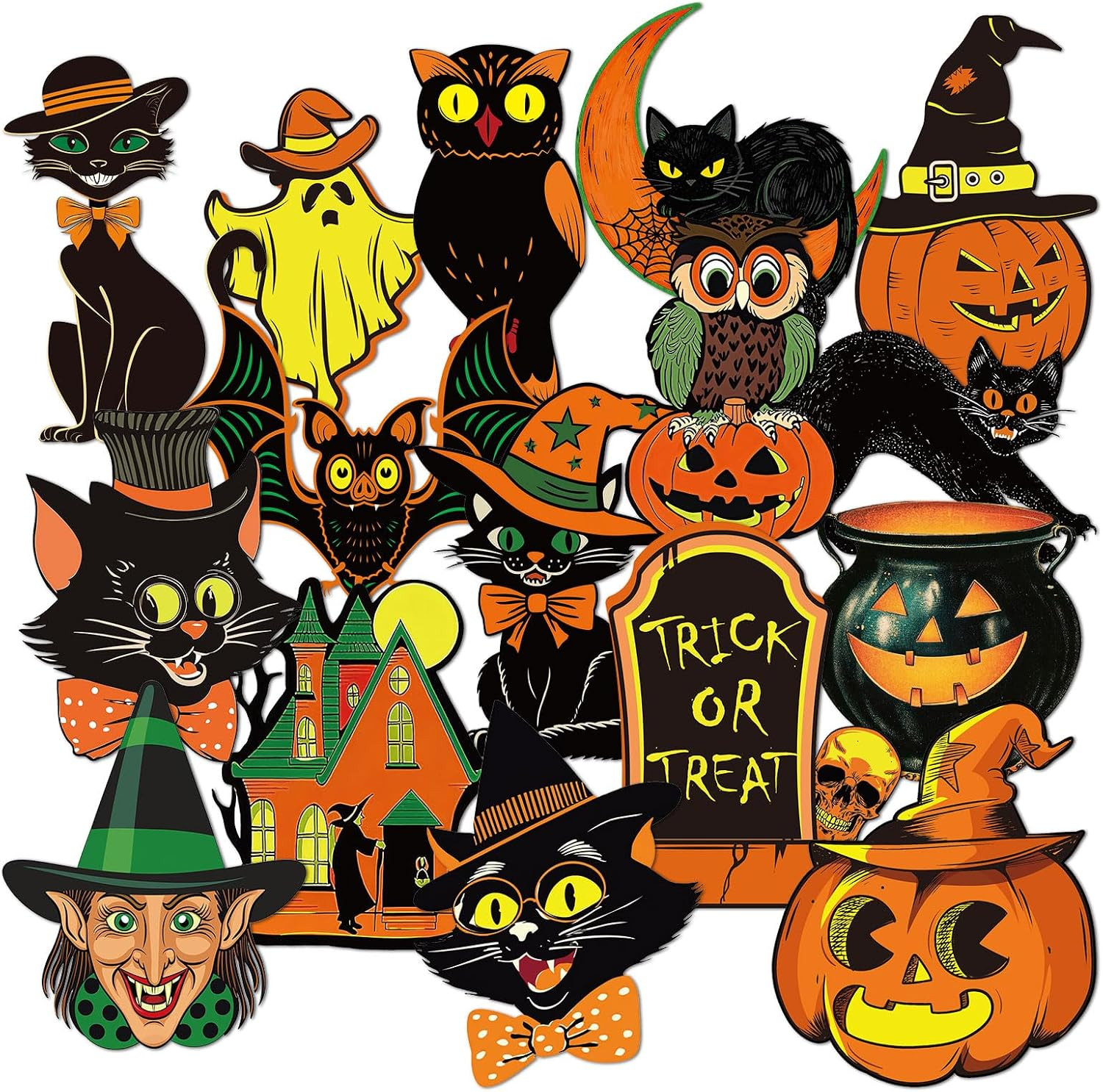 48 Pcs Vintage Halloween Cutouts Retro Pumpkin Witch Cat Cut-Outs