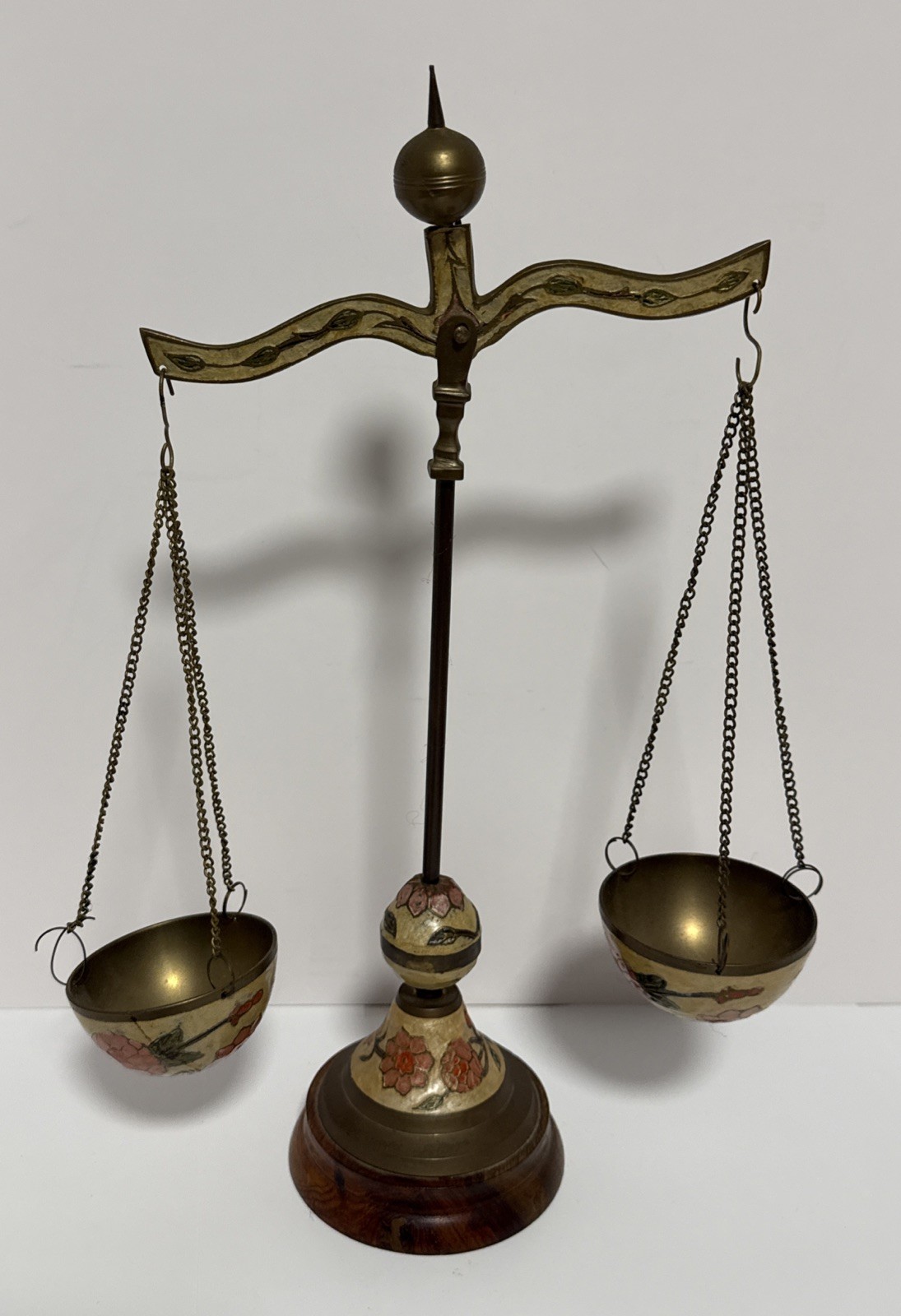 Vintage Brass Balance Scale with Floral Enamel Hanging Bowls Wood Base/Read