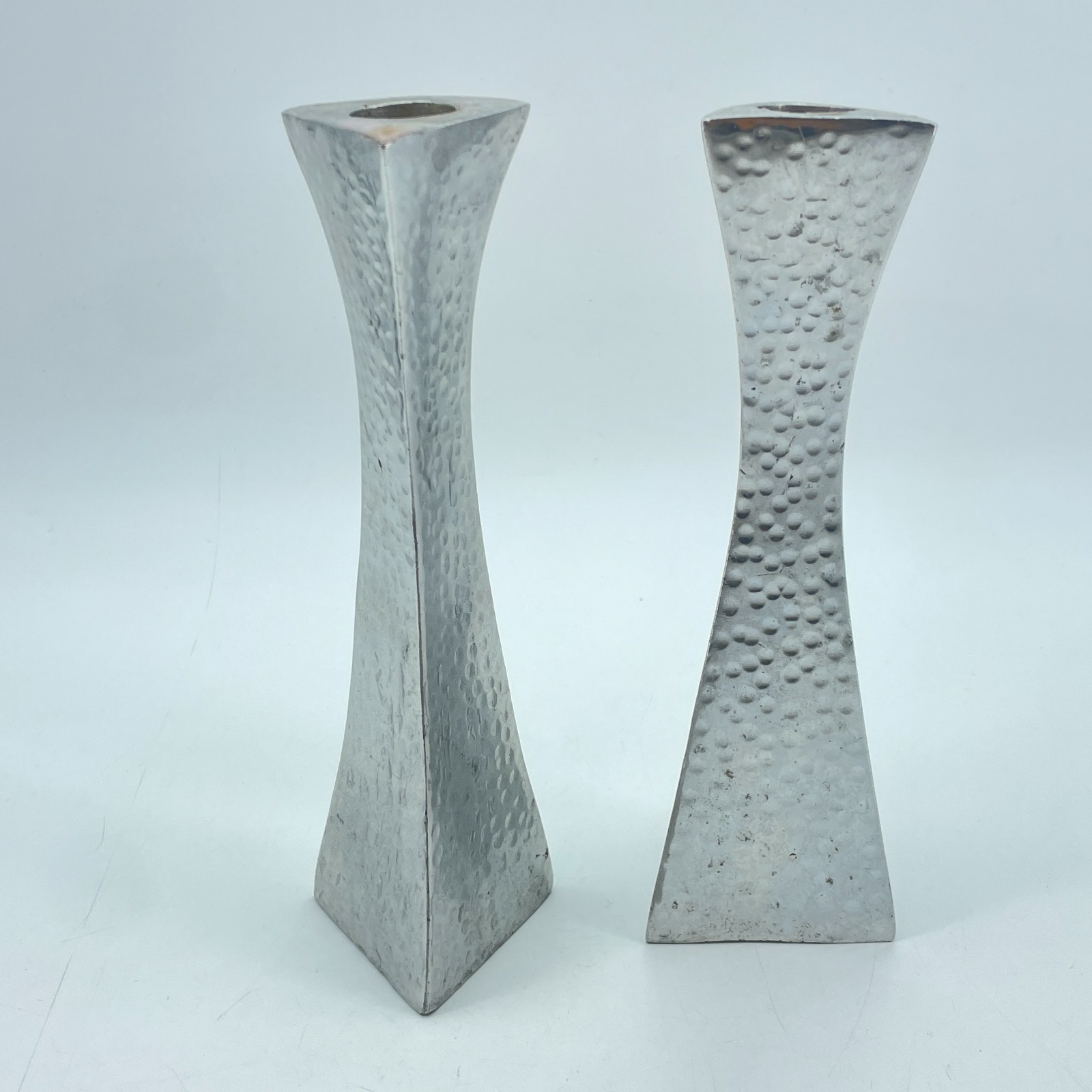 Handmade Hammered Metal Candle Holders Pair Silver Brutalist Style India 8in