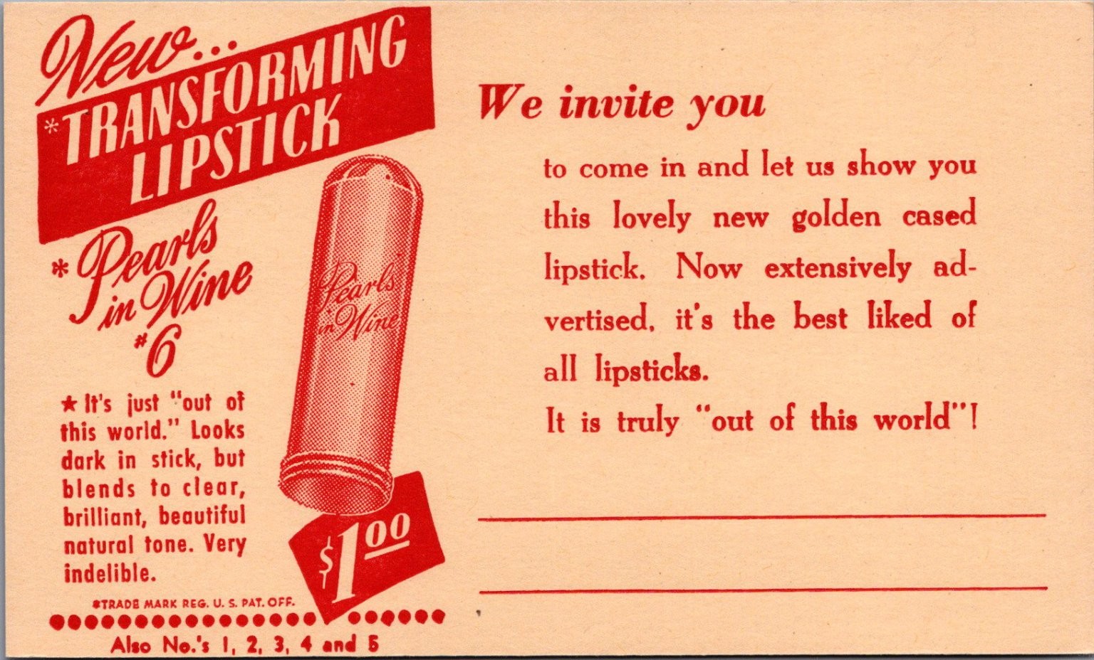 Vintage Pearls in Wine Transforming Lipstick Ad Postcard 1940s Beauty Makeup Vintage Pearls in Wine Transforming Lipstick Ad Postcard 1940s Beauty Makeup