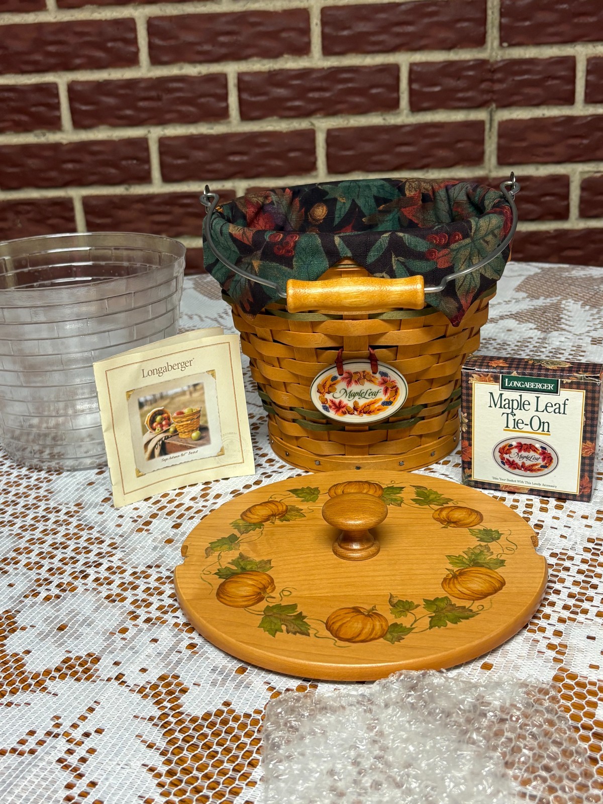 Longaberger 2002 Sage Autumn Pail Basket W/Pumpkin Lid Fabric & Plastic Liner