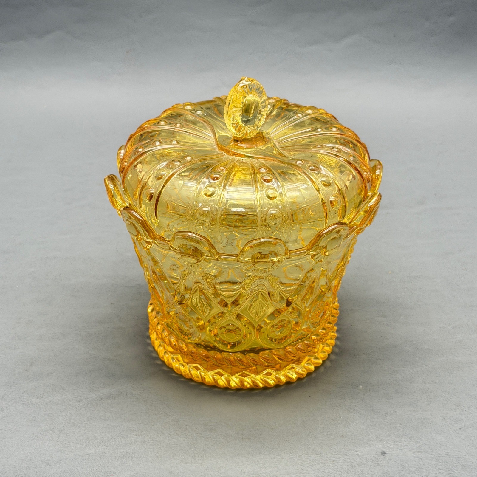 Fostoria Glass Crown Collection Gold Hapsburg Covered Candy Dish Yellow Fostoria Glass Crown Collection Gold Hapsburg Covered Candy Dish Yellow