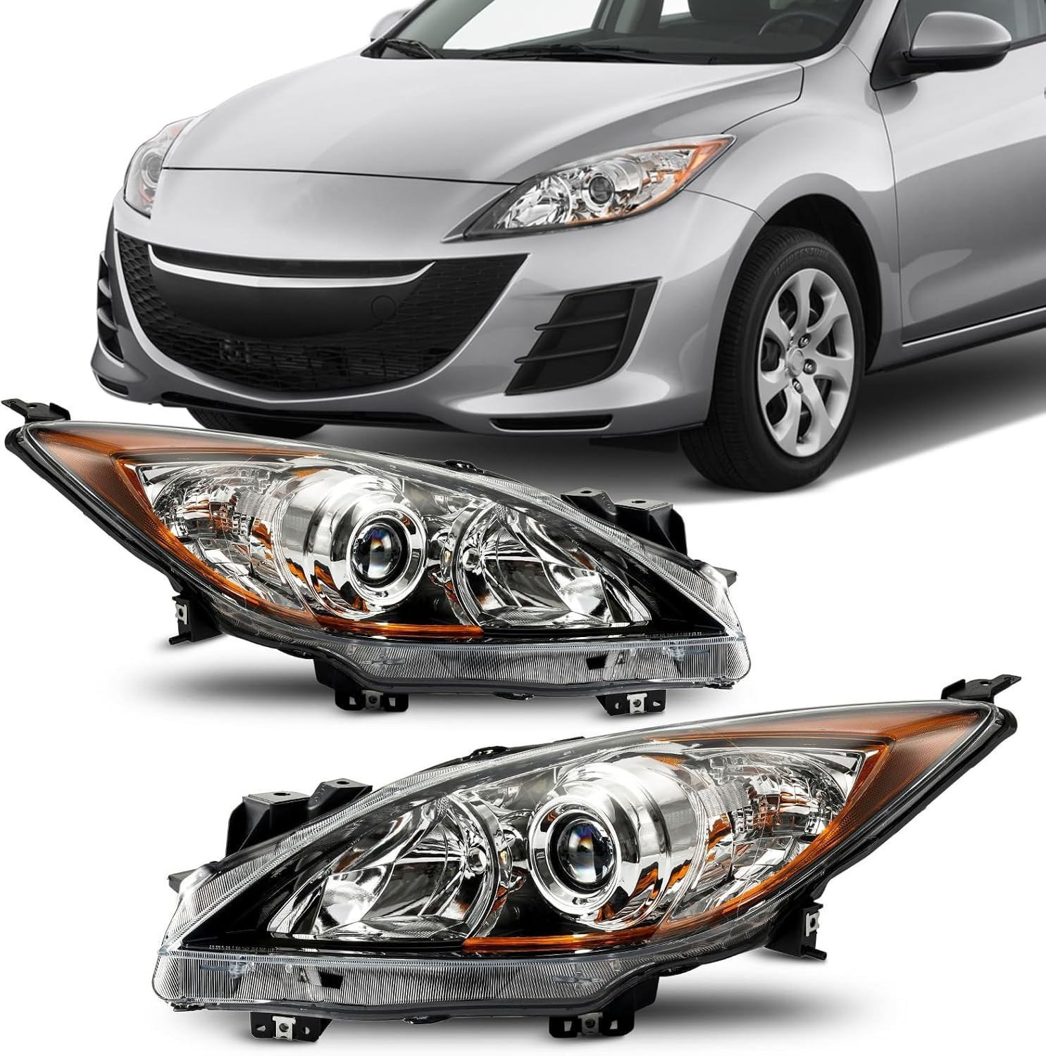 Headlights Assembly Compatible with 2010-2013 Mazda 3 2.5L/2.0L | Chrome Housing