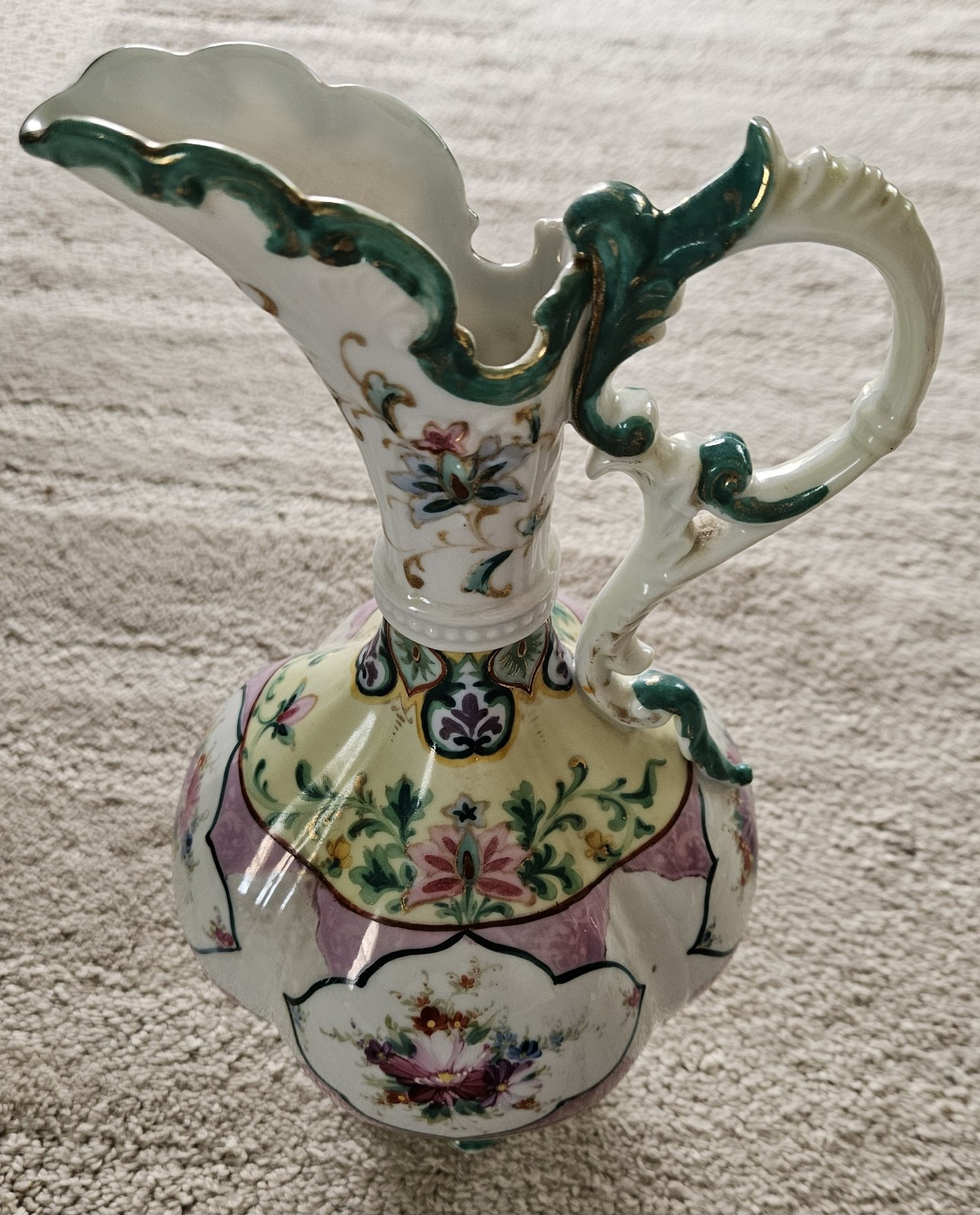 Vintage Hand Painted Large Porcelain Floral Ewer Pitcher Green Trim Pink Accents