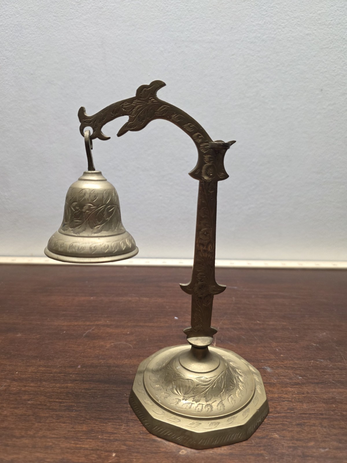 Brass desk bell on an octagonal base Etched Vintage