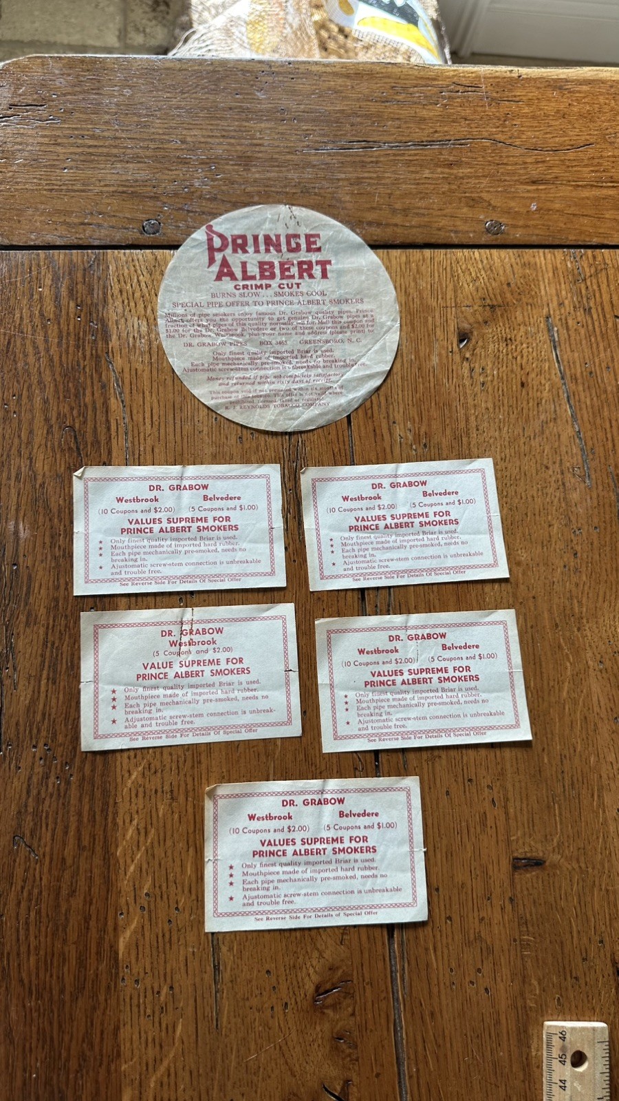 5 Vintage Prince Albert Tobacco Couponss & Tin Liner Insert Dr Grabow Pipe Lot