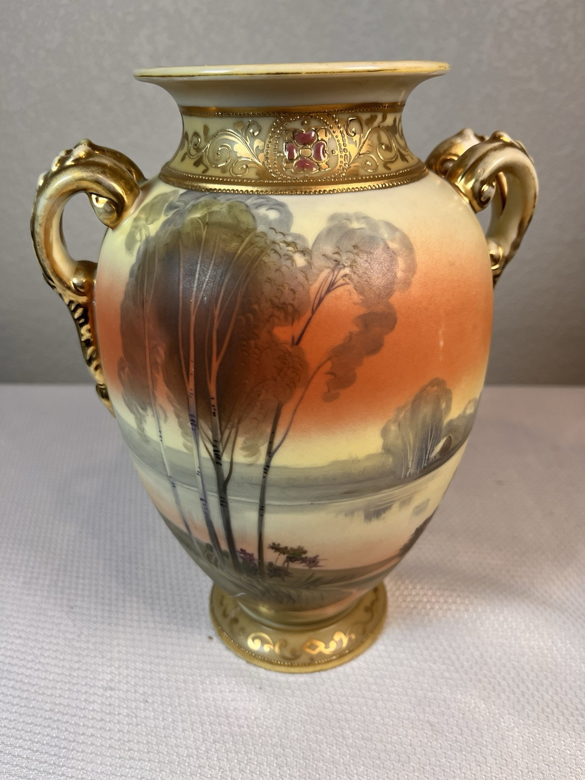 STUNNING NIPPON HAND PAINTED & ENAMELED SCENIC HANDLED VASE - CIRCA 1900