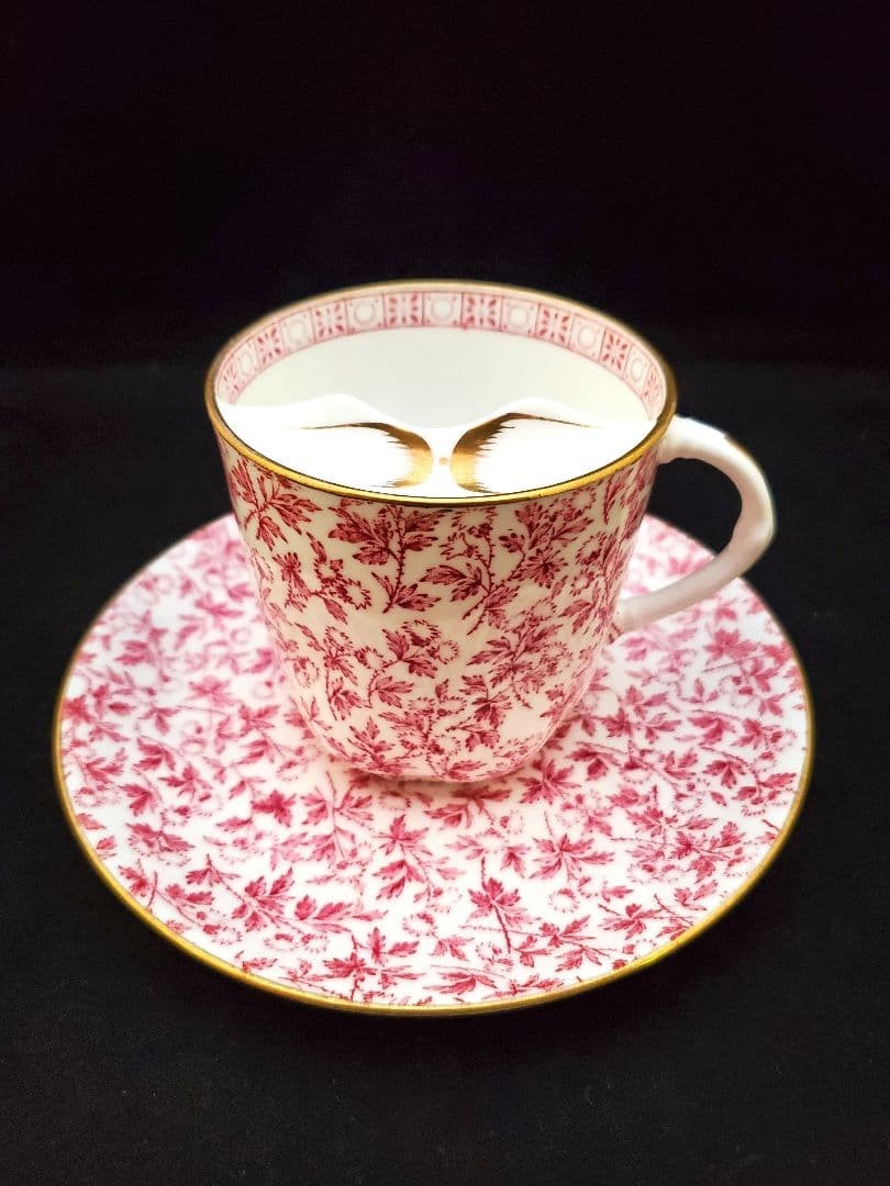 Wedgwood Antique Mustache Cup & Saucer 1880 Red Floral Gold Large Collector's