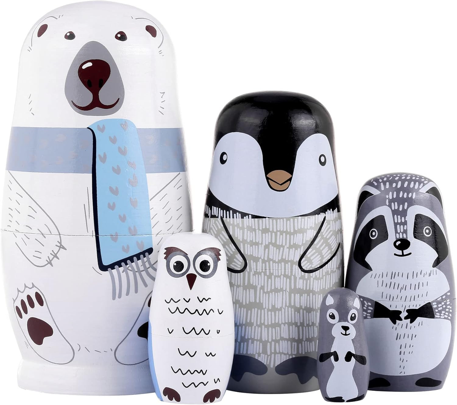 5Pcs Russian Matryoshka Dolls Handmade Wooden Polar Bear Penguin