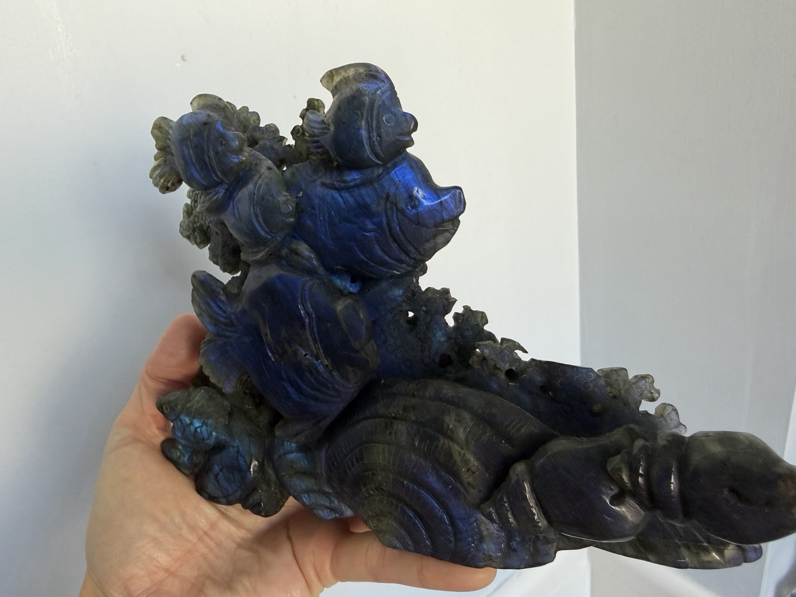 3lb Labradorite Crystal Fish Carving 9’inch Wide, Blue Flash 3lb Labradorite Crystal Fish Carving 9’inch Wide, Blue Flash