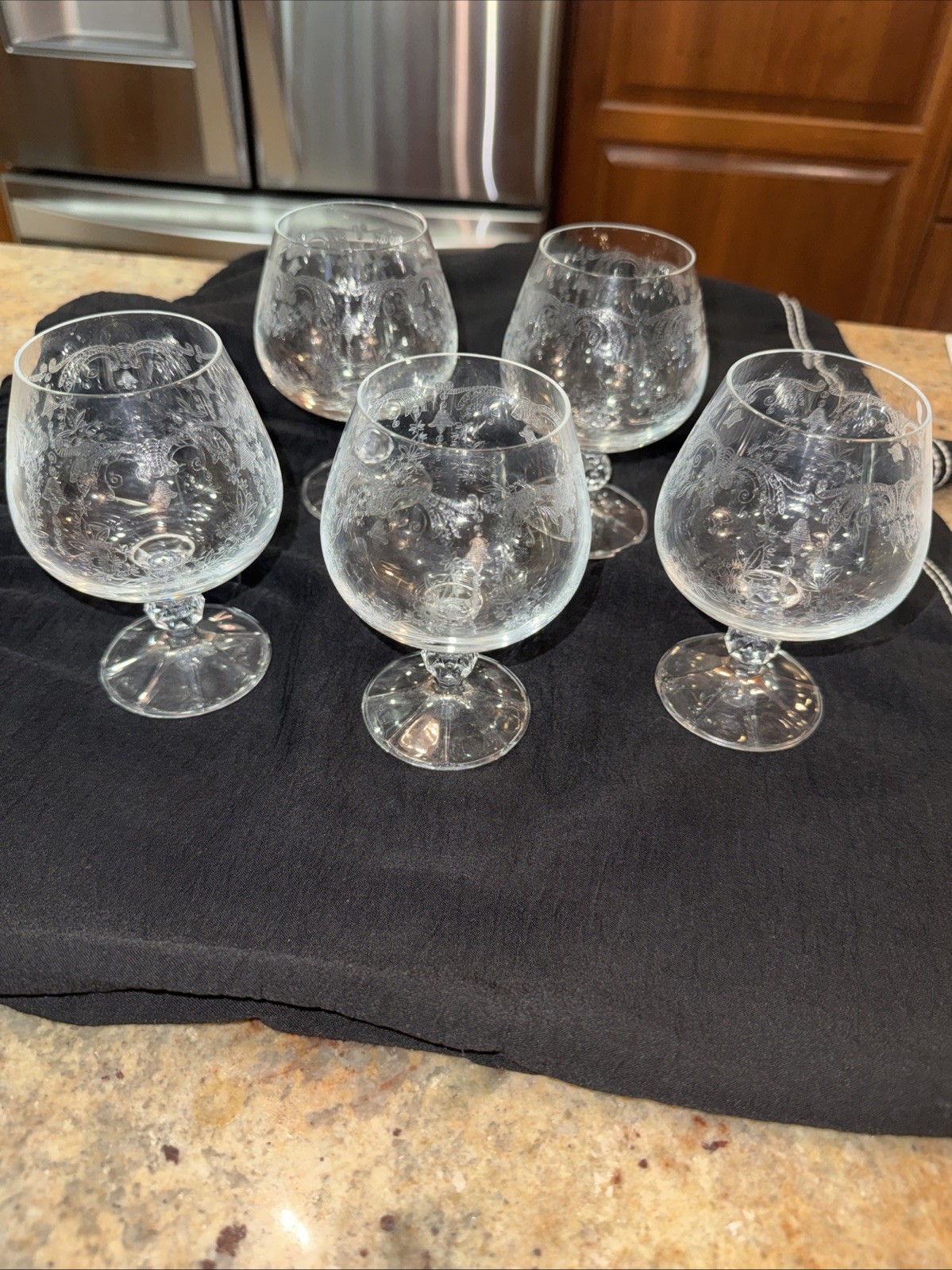 Vintage Bohemian Cascade Etched Czech Crystal Brandy Sniffers Floral Set Of 5