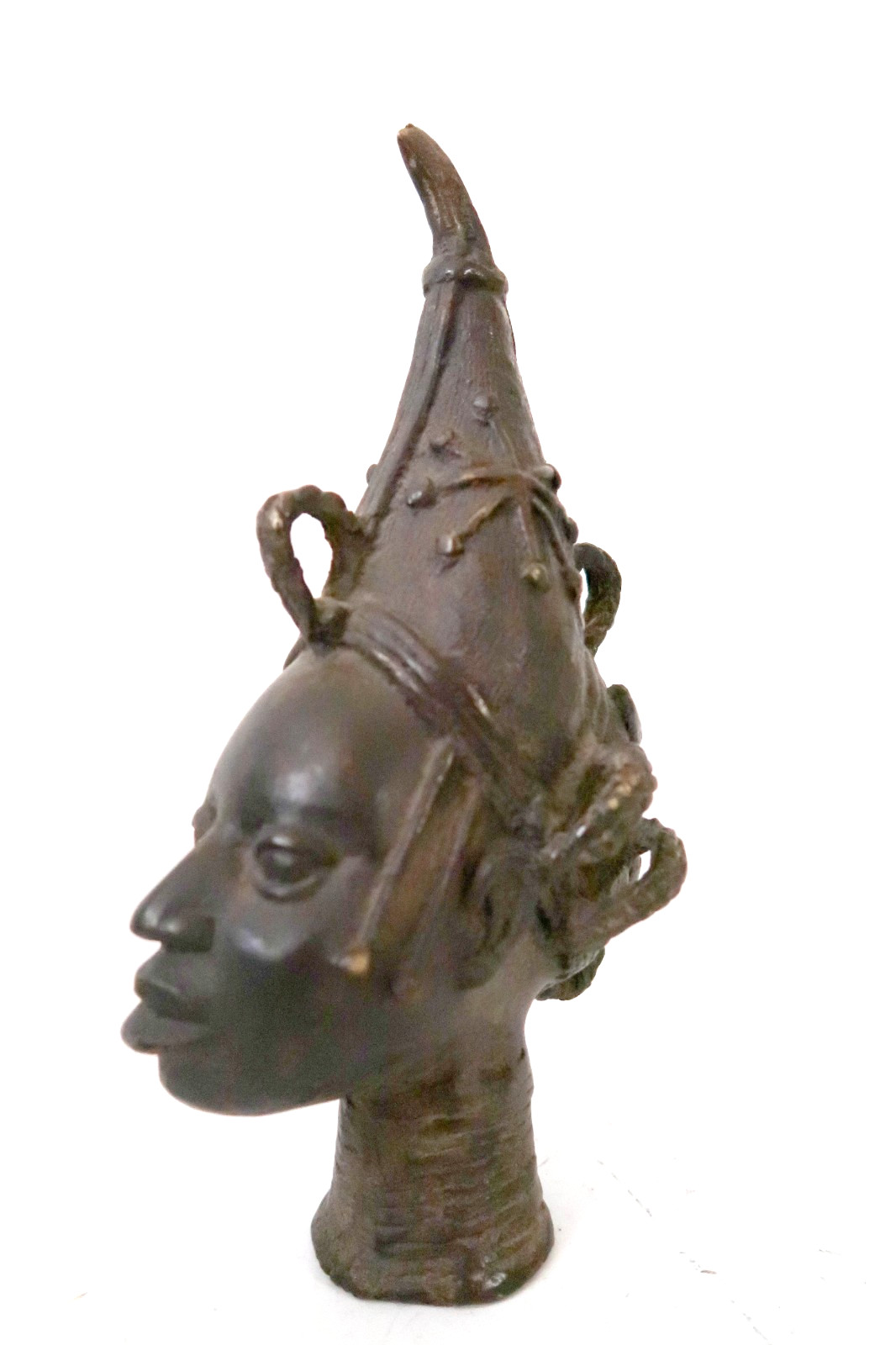 Vintage BENIN Bronze Head Queen Mother Iyoba African Art Nigeria Sculpture 10.5\