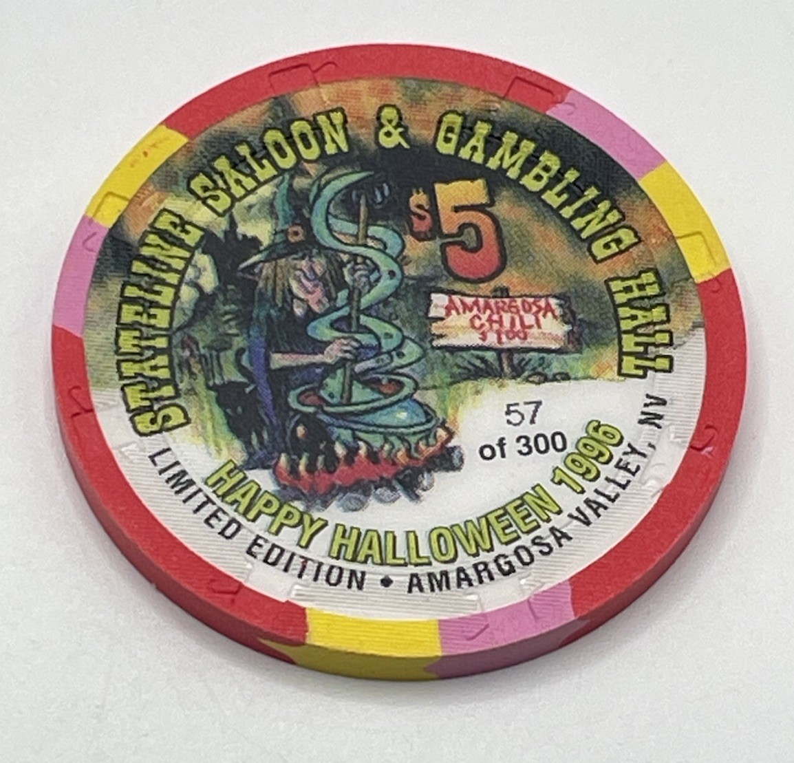 Stateline Saloon & Gambling Hall NV Halloween 1996 $5 Poker Gaming Chip LTD 300 Stateline Saloon & Gambling Hall NV Halloween 1996 $5 Poker Gaming Chip LTD 300