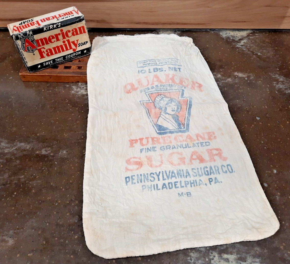 VTG Bar of 1940s Kirk’s American Family Soap & 1920s Cloth Sugar Sack  LOT of 2