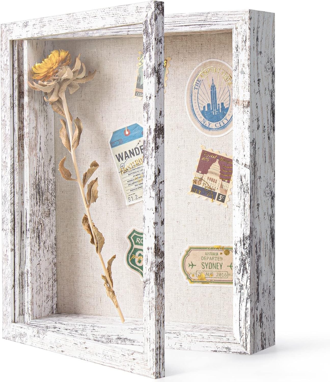 Califortree 8x10 Shadow Box Frame Linen Back Real Glass Rustic White Pins Set