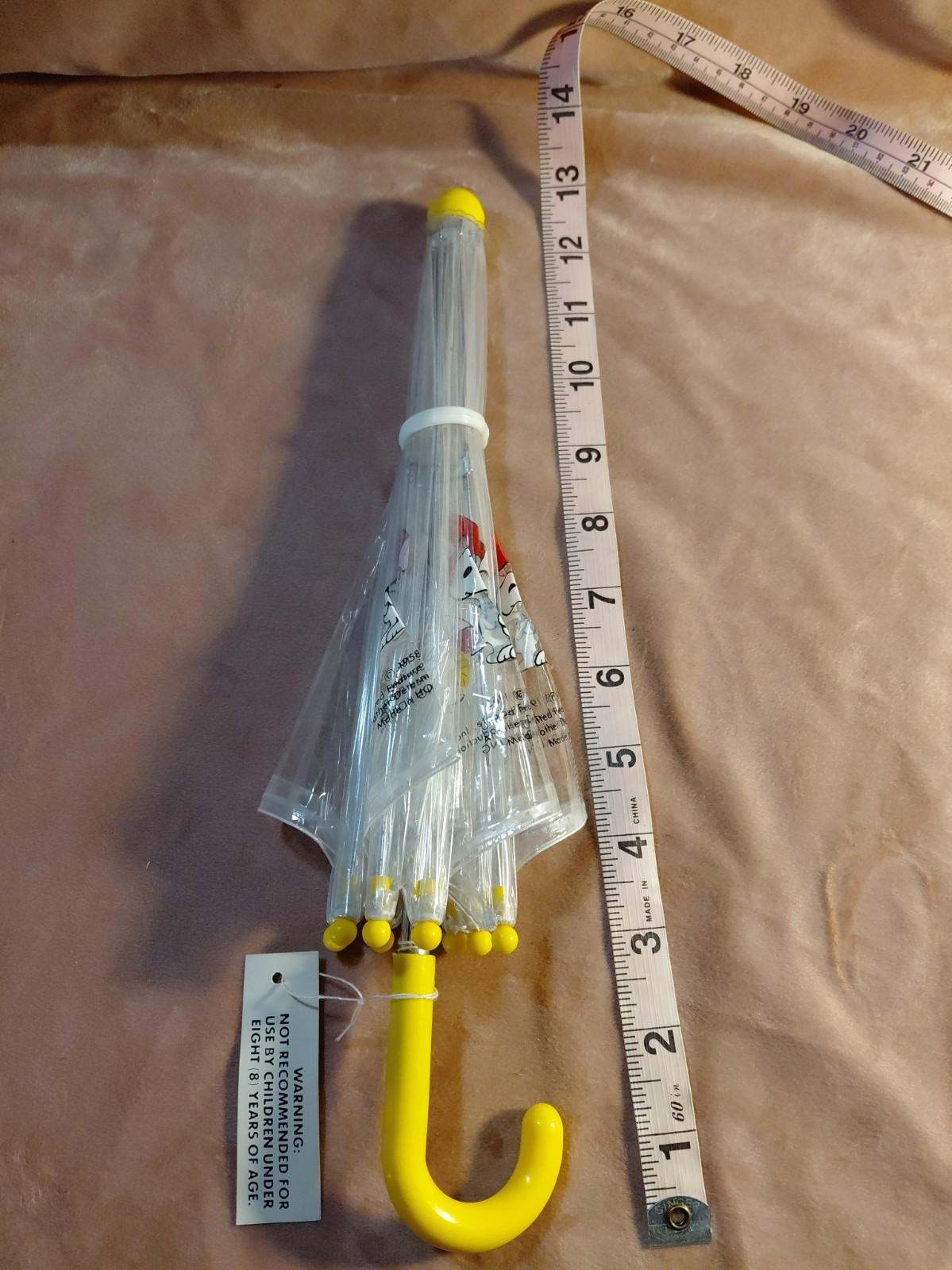 Vintage 1960s Snoopy Peanuts Clear Child Umbrella NOS w/ Tag Yellow Handle