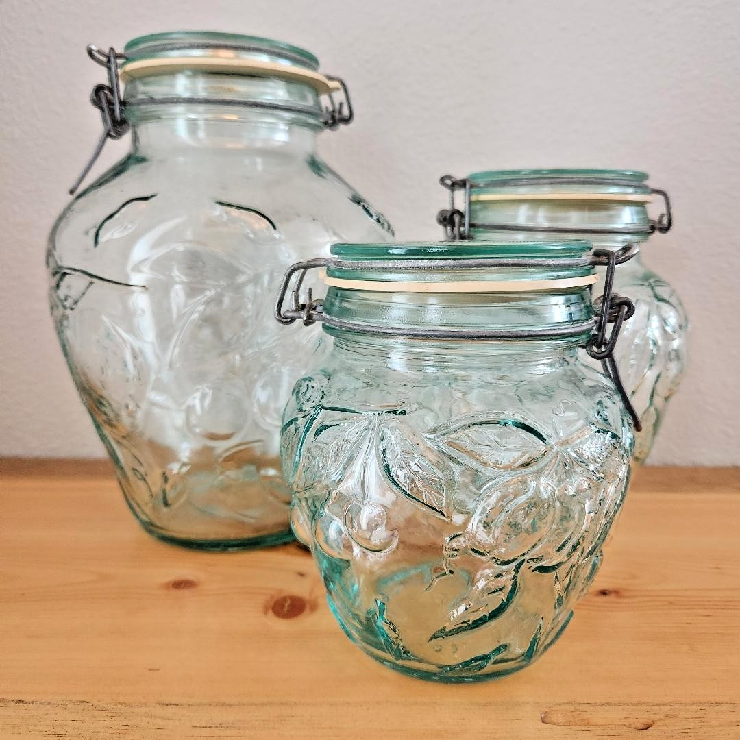 Vintage Green Tint Glass Jar Vitoria Etrusca Hermetic Canister Italy Set of 3