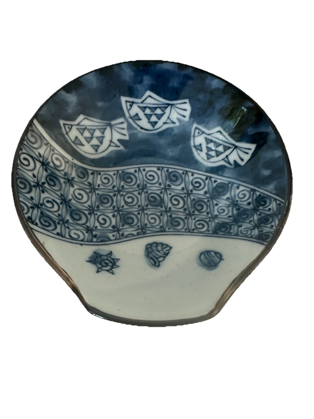 Vintage Minoware Chiyama Kiln Japanese Blue White Fish Bowl Lip Handle