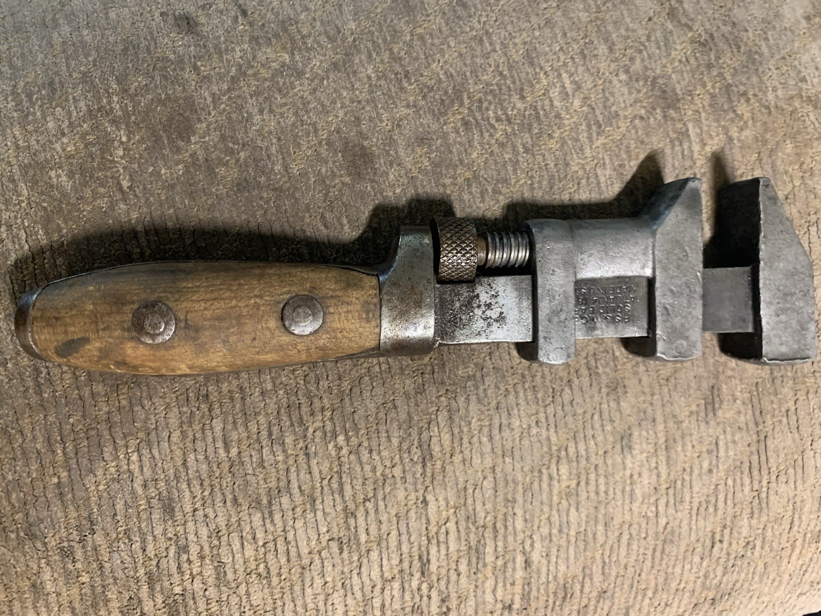 Antique P S & W  8” Wooden Handle Solid Bar Adjustable Wrench Pat Jan 1886