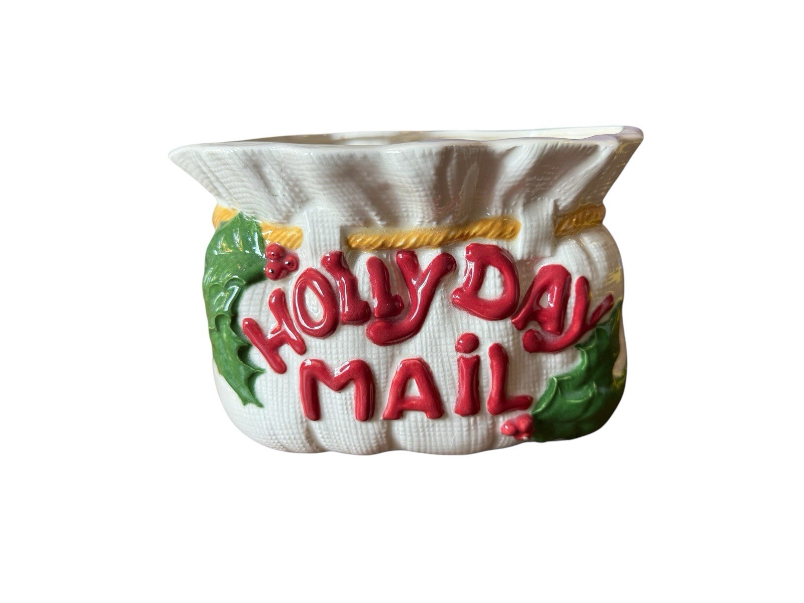 Vintage Ceramic Christmas Card Holder Holly Day Mail Santa Sack Basket Planter