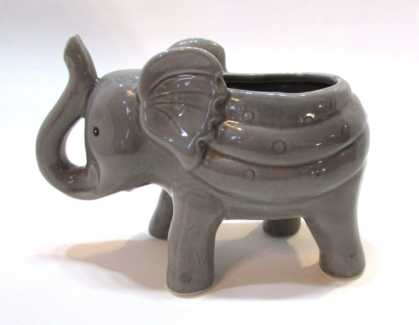 Vintage 2000\'s Gray Porcelain Pottery Trunk Up Lucky Elephant Planter 3x5x7 Vase