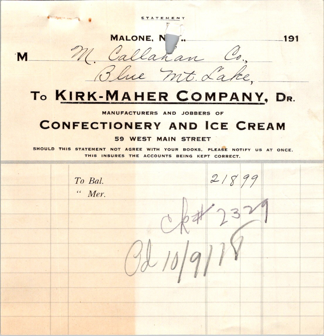 Kirk-Maher Co. 1918 Business Statement Malone NY Confectionery Invoice Kirk-Maher Co. 1918 Business Statement Malone NY Confectionery Invoice