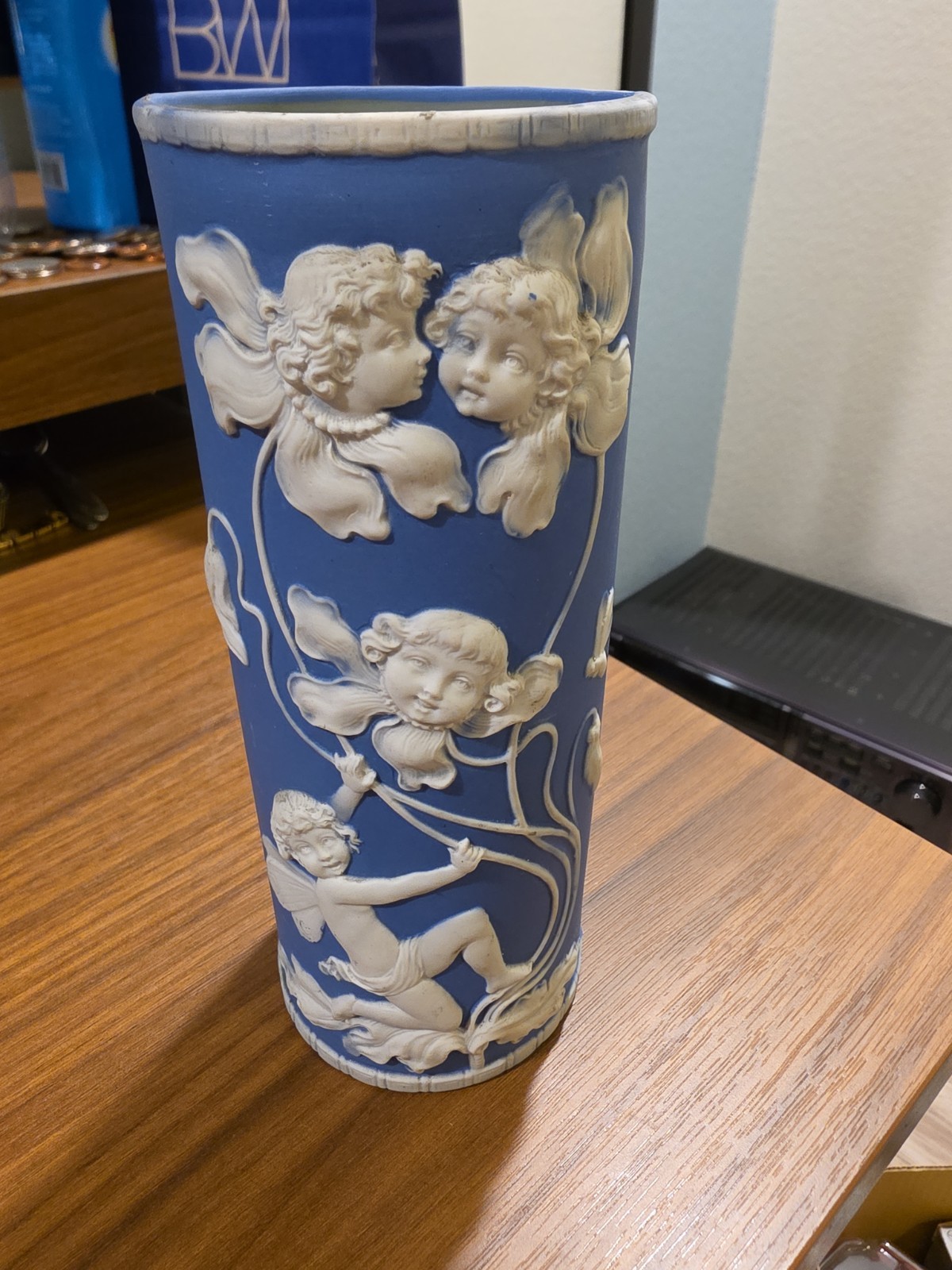 Vintage Blue Jasperware Cylindrical Spill Vase Cup Angels