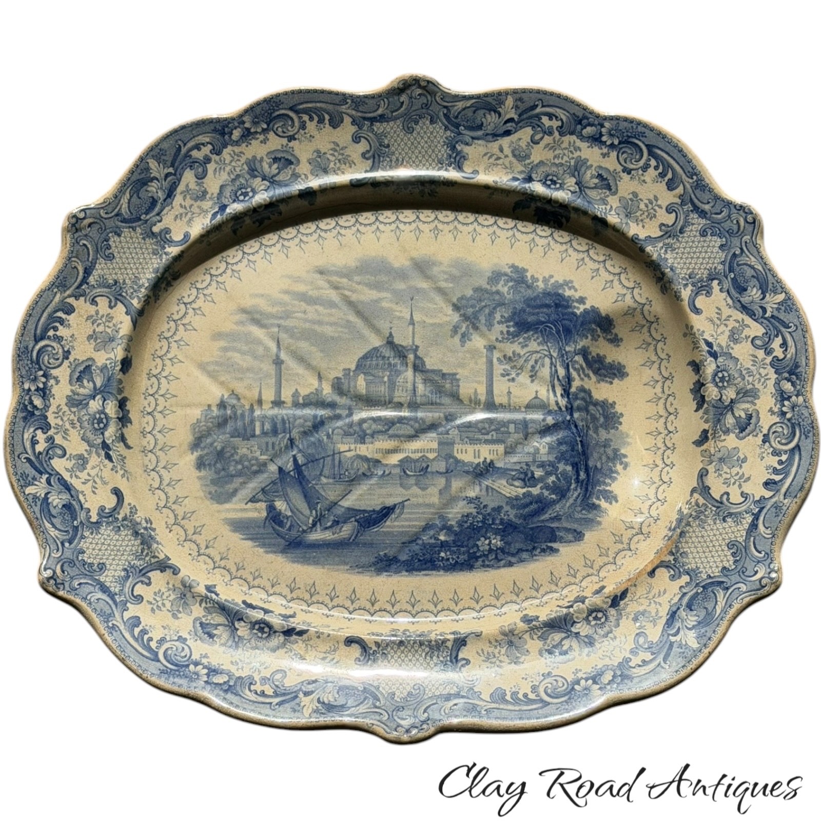 Antique  Ridgway Blue Transfer meat  Platter Constantinople European Views 1830