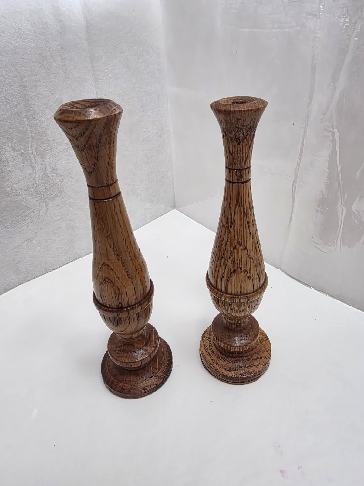 Handturned oak wood bud vase with classic baluster profile set (#4).