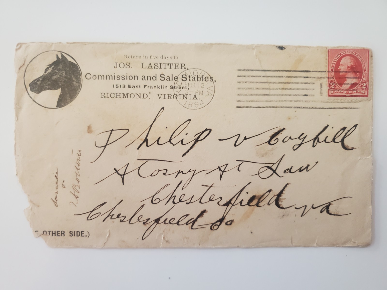 1894 Envelope, Jos. Lasitter, Commision And Sale Stables, Richmond, VA 1894 Envelope, Jos. Lasitter, Commision And Sale Stables, Richmond, VA
