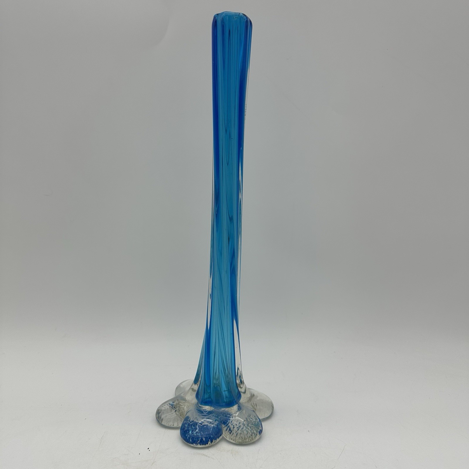 VTG Narrow Twisted Stemmed Flower Vase W/Elephant Foot Blue & ClearArt Glass 11”