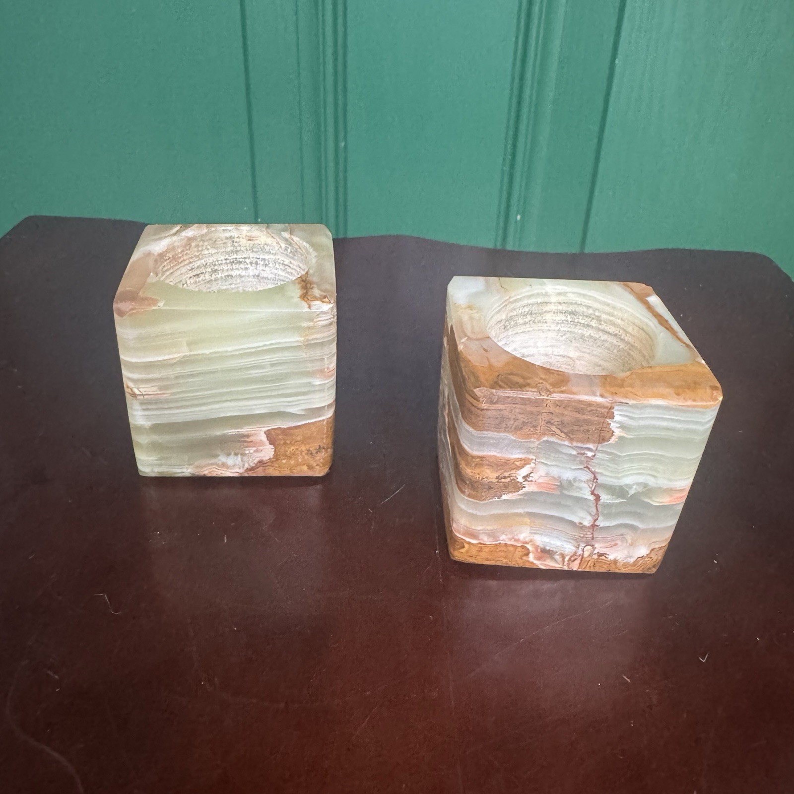 Vintage Pair Onyx Stone Tea-light Candle Holders - Square, Hand-carved - Retro