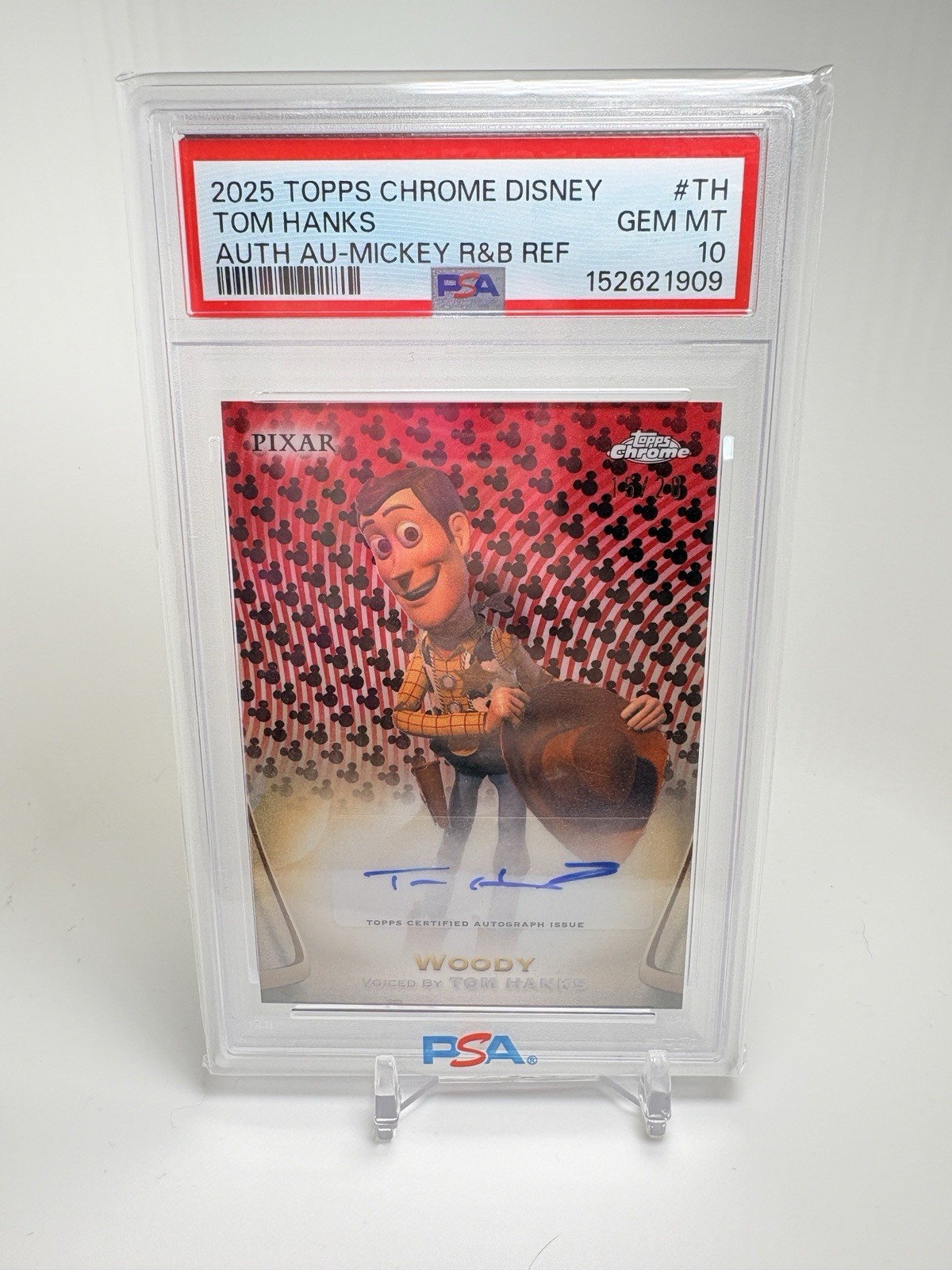 Woody Tom Hanks Auto /28 PSA 10 Topps Chrome Disney 2025