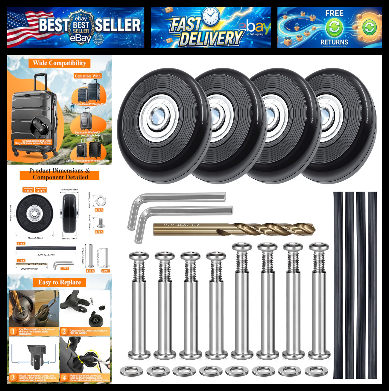 4 Sets 50mm Silent Luggage Wheels Replacement Kit Compatible with Samsonite