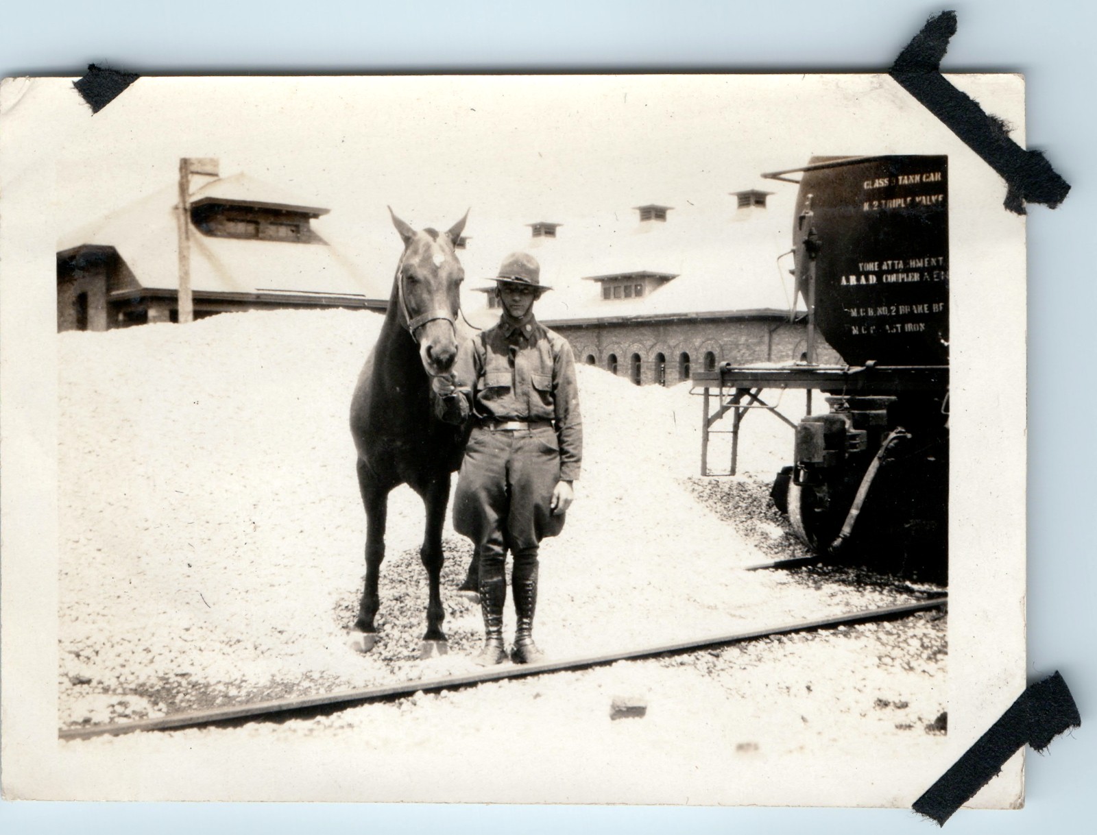 c1910s WWI US Army Cavalryman Horse Railroad Tank Car Train Snapshot Photo Vtg
