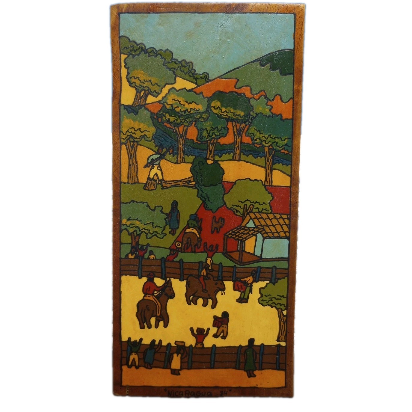 Nicaraguan Primitivista Folk Art Painting On Wood Plank Vintage 1994 Nicaraguan Primitivista Folk Art Painting On Wood Plank Vintage 1994