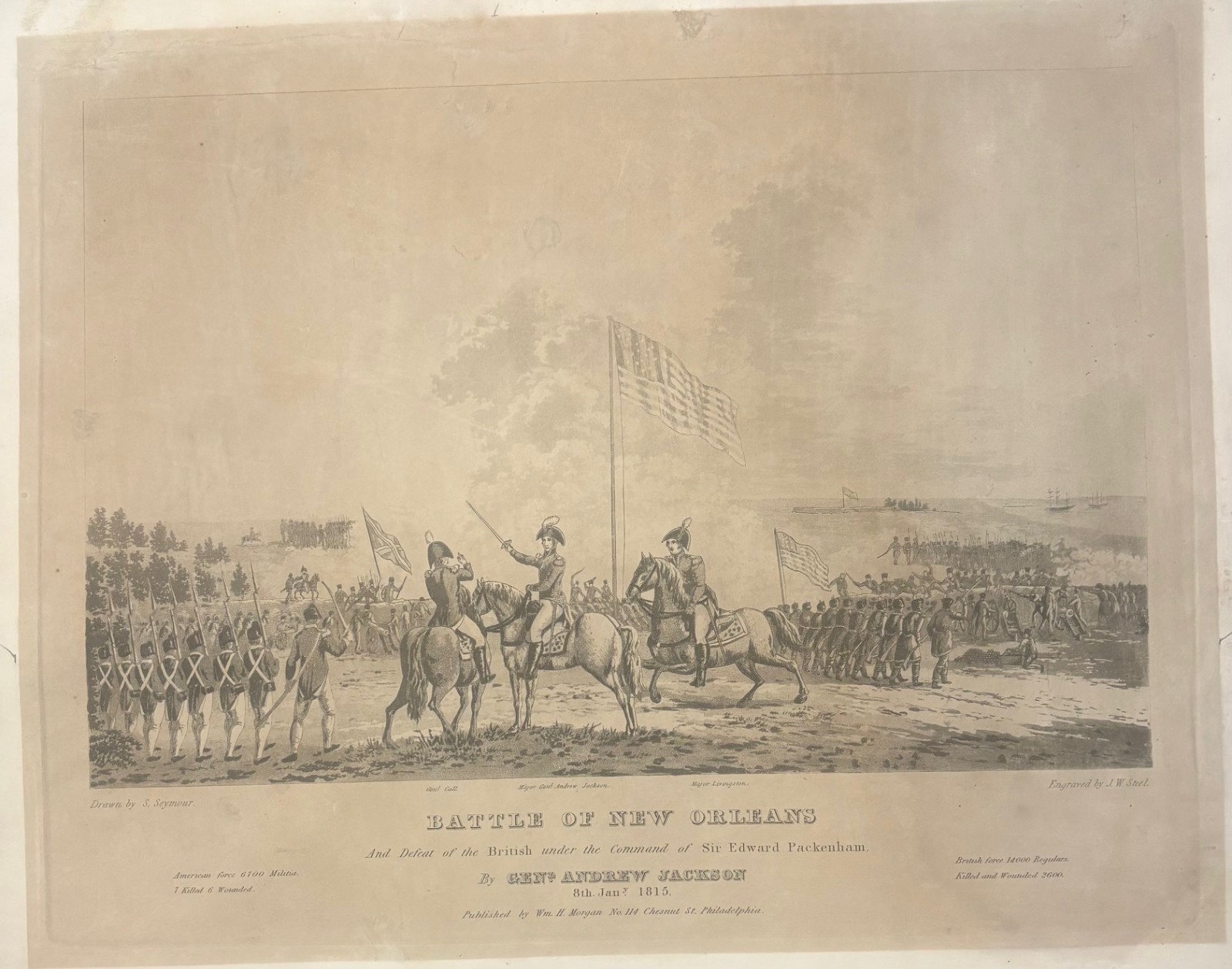 Antique 'BATTLE OF NEW ORLEANS' under GENERAL ANDREW JACKSON 1815 Engraving