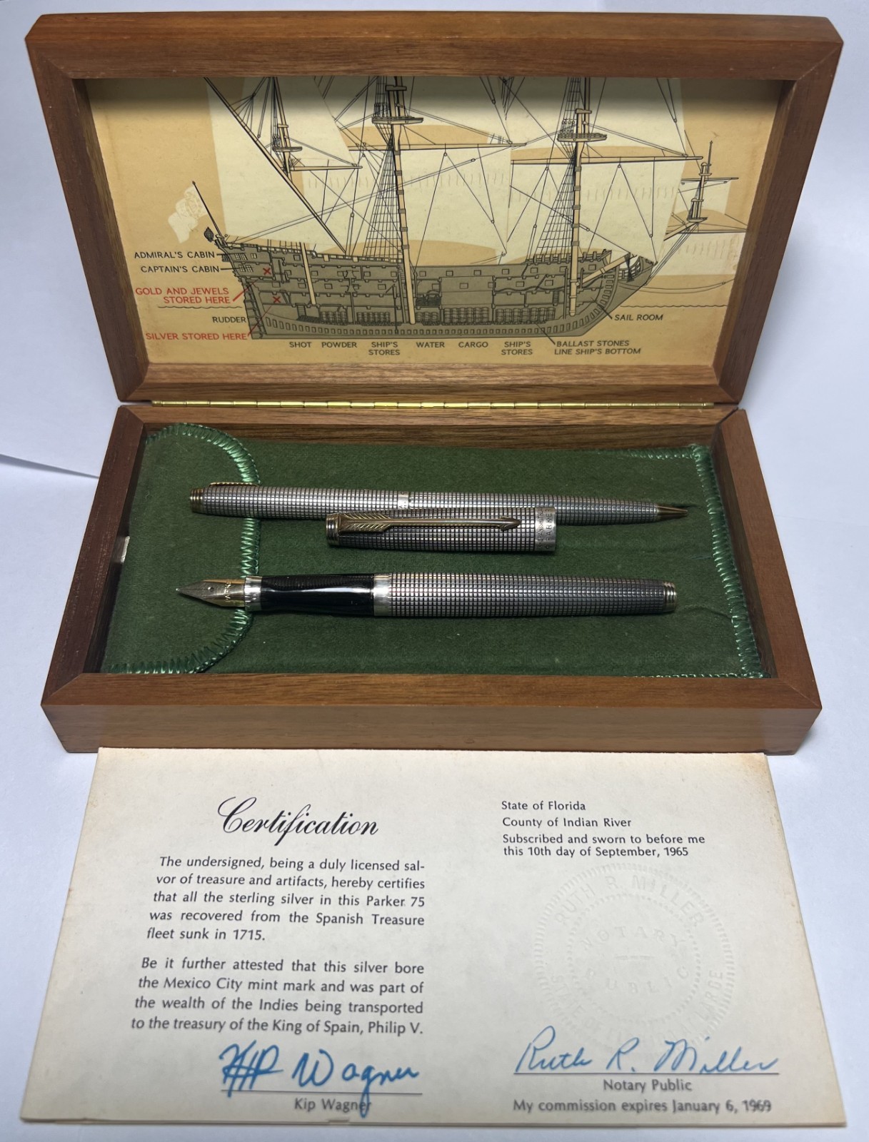 Spanish 1715 Treasure Fleet Shipwreck Silver & Gold Parker 75 Pen Set Box & COA