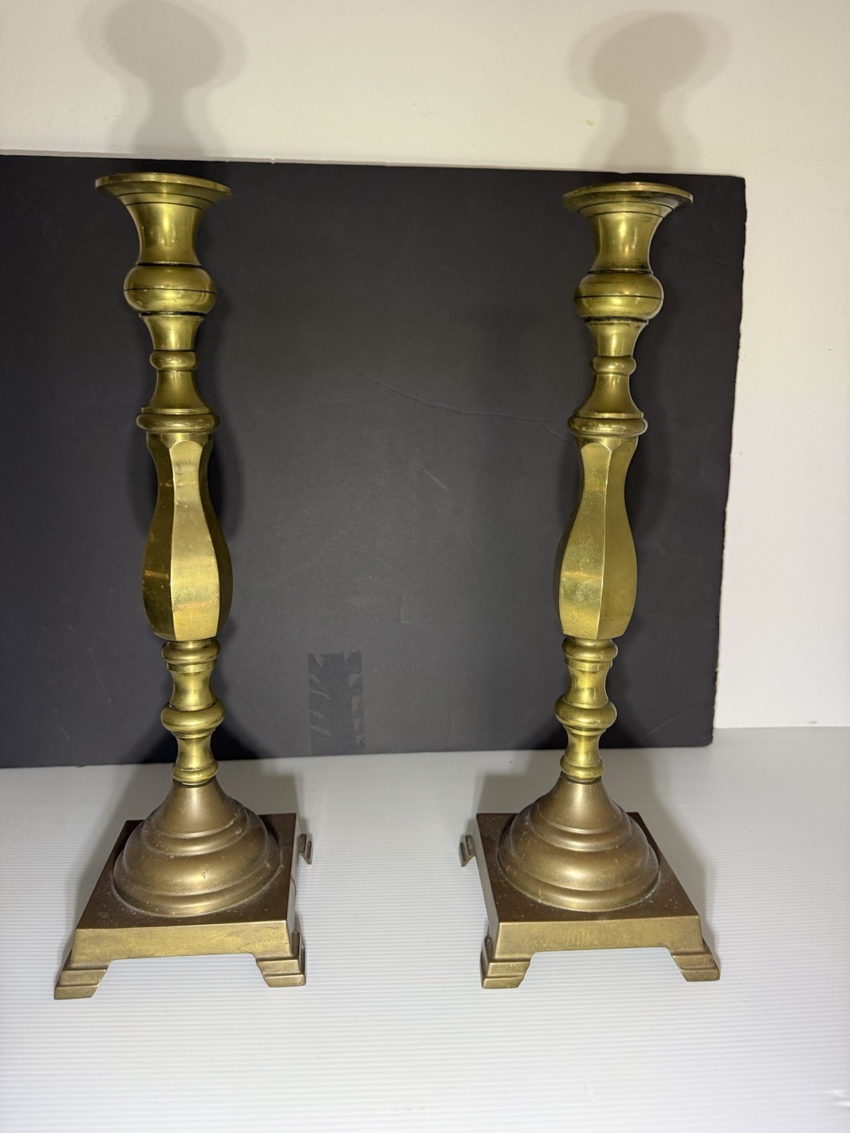 17” Pair Large Vintage Brass Candlesticks Heavy Georgian Revival M Marked