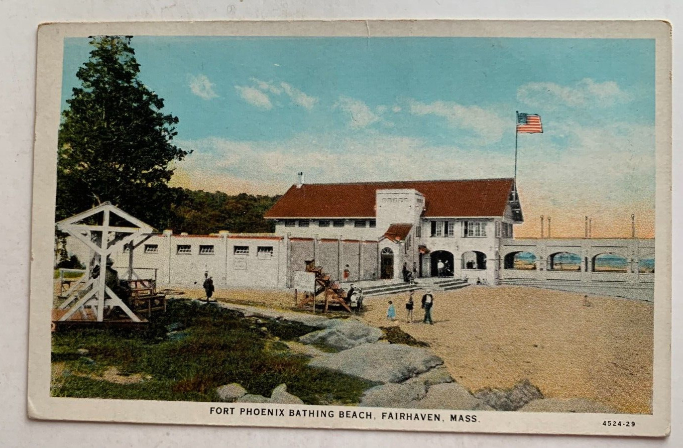 c1929 MA Postcard Fairhaven Massachusetts Fort Phoenix Bathing Beach bath house