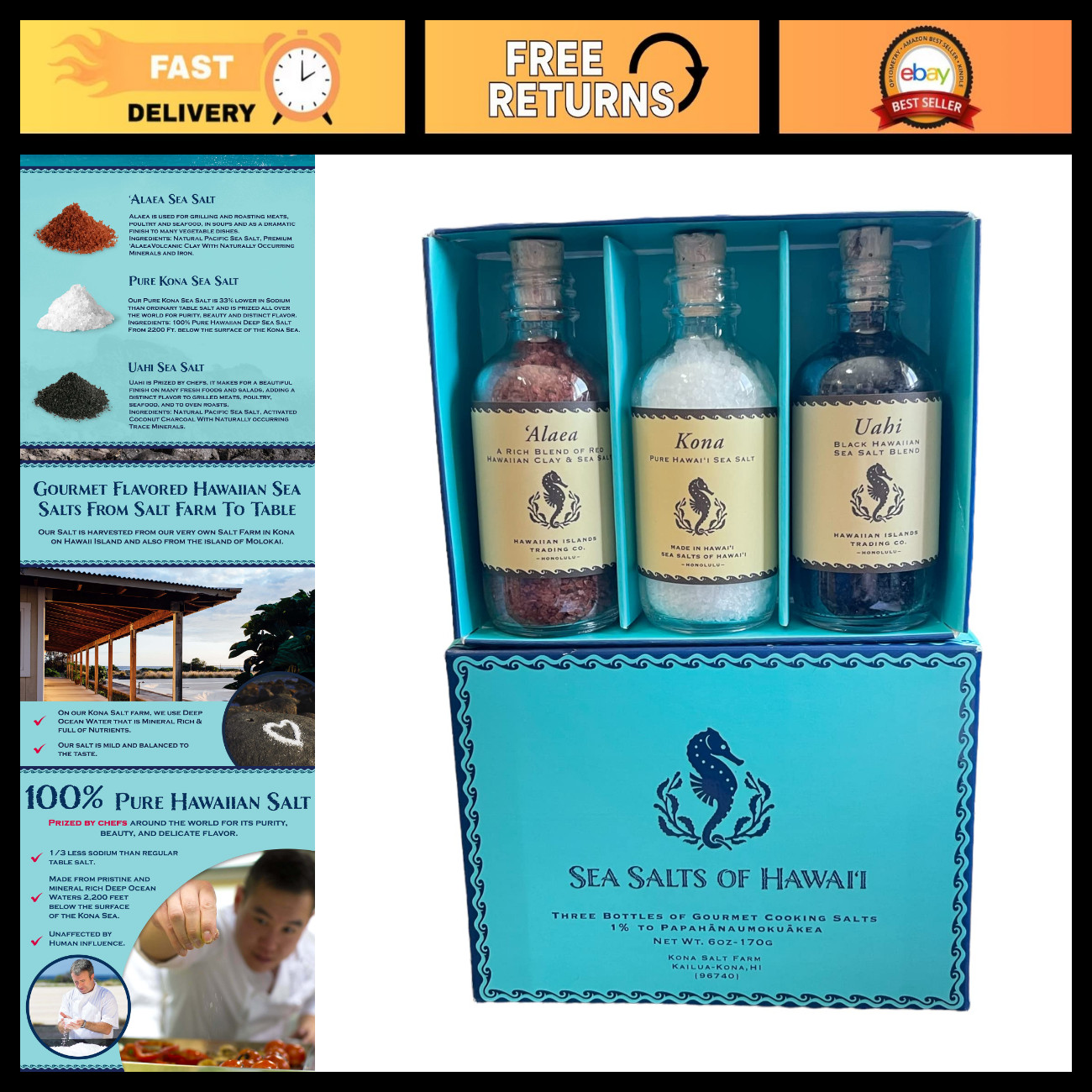 Hawaiian Sea Salt Sampler Box - 3 x 2oz Alaea, Uahi & Kona - Gourmet Seasoning