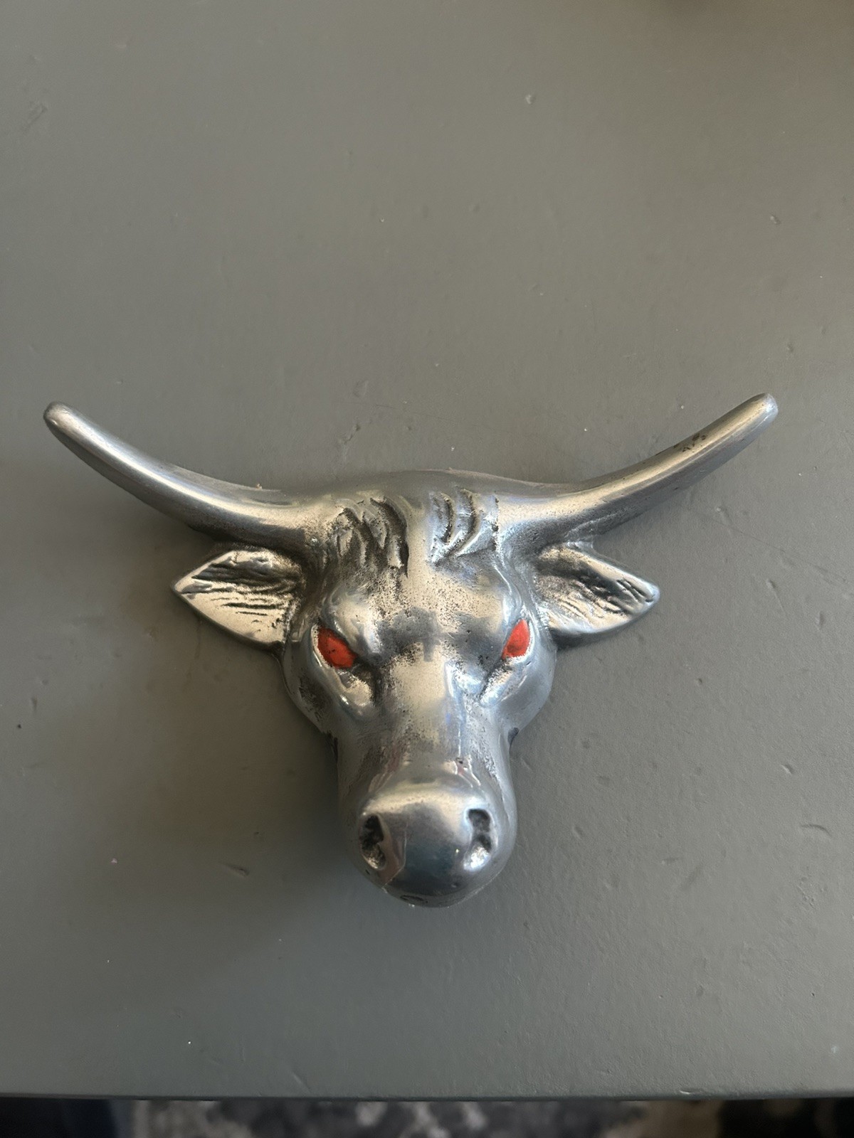 Vtg Aluminum Bull Hood Ornament  Mascot Emblem w/Bracket 5-1/2” x3-1/2”