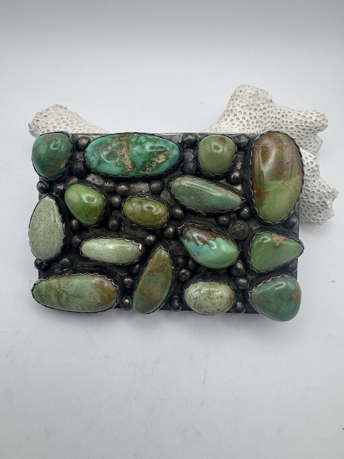 Native American 15 Stone Turquoise & Sterling Belt Buckle Vintage Artist CJ Well