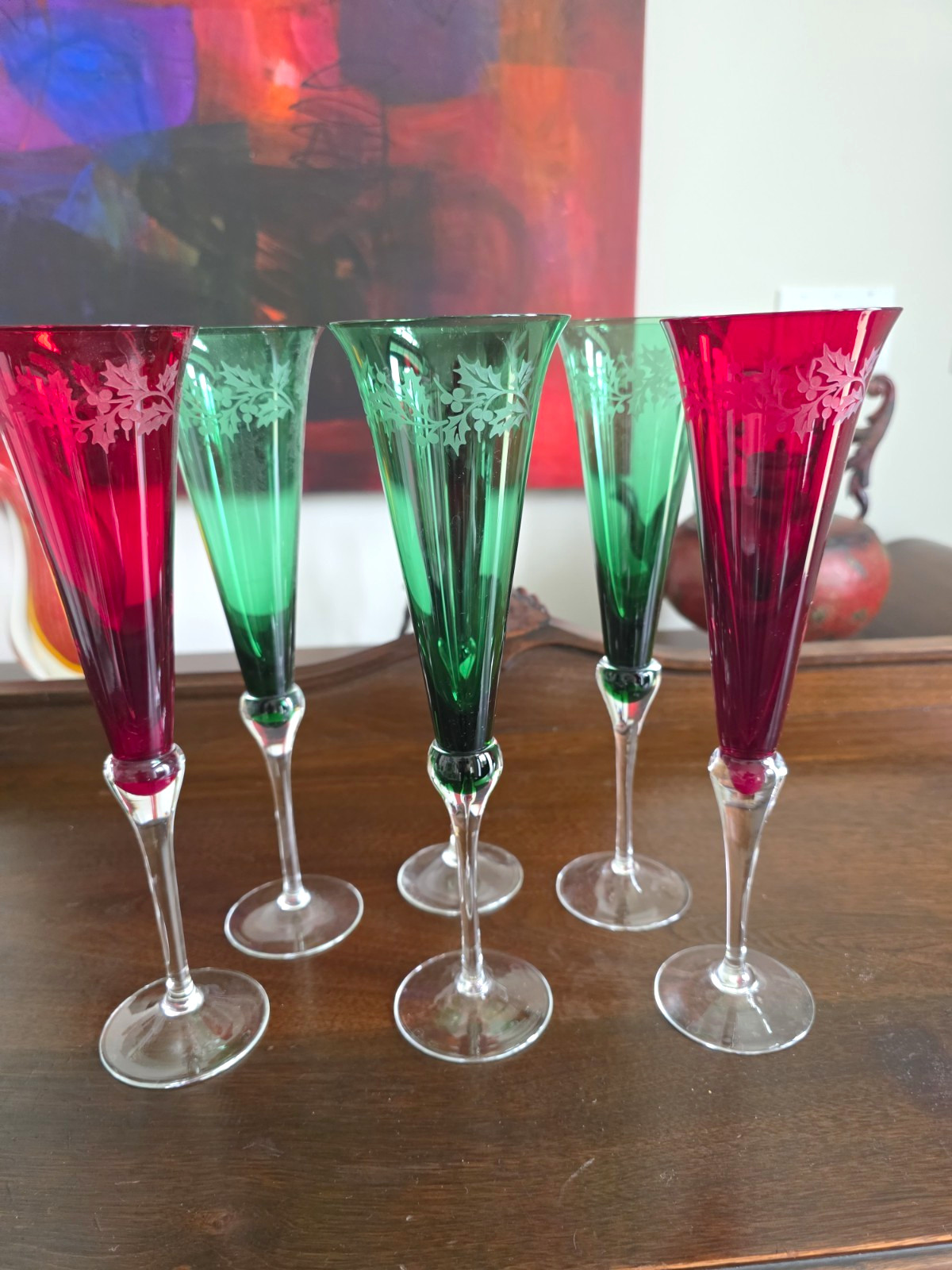 Set of 6 Lenox Holiday Gems Crystal Champagne Flutes, Floral Etching, Ruby/Green