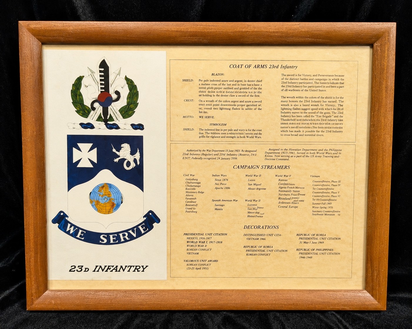 Vintage US Army 23rd Infantry Regiment We Serve Coat o Arms Framed History Print