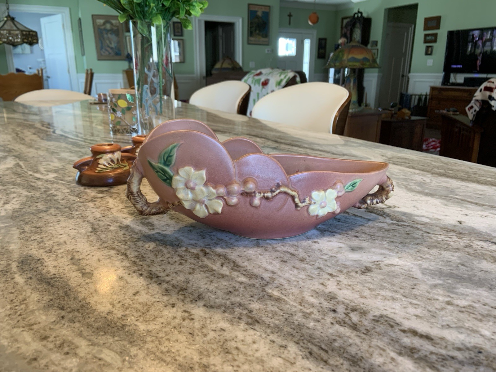 1940’s ROSEVILLE APPLE BLOSSOM CONSOLE BOWL w/ TWIG HANDLES #329-10” EXCELLENT 1940’s ROSEVILLE APPLE BLOSSOM CONSOLE BOWL w/ TWIG HANDLES #329-10” EXCELLENT