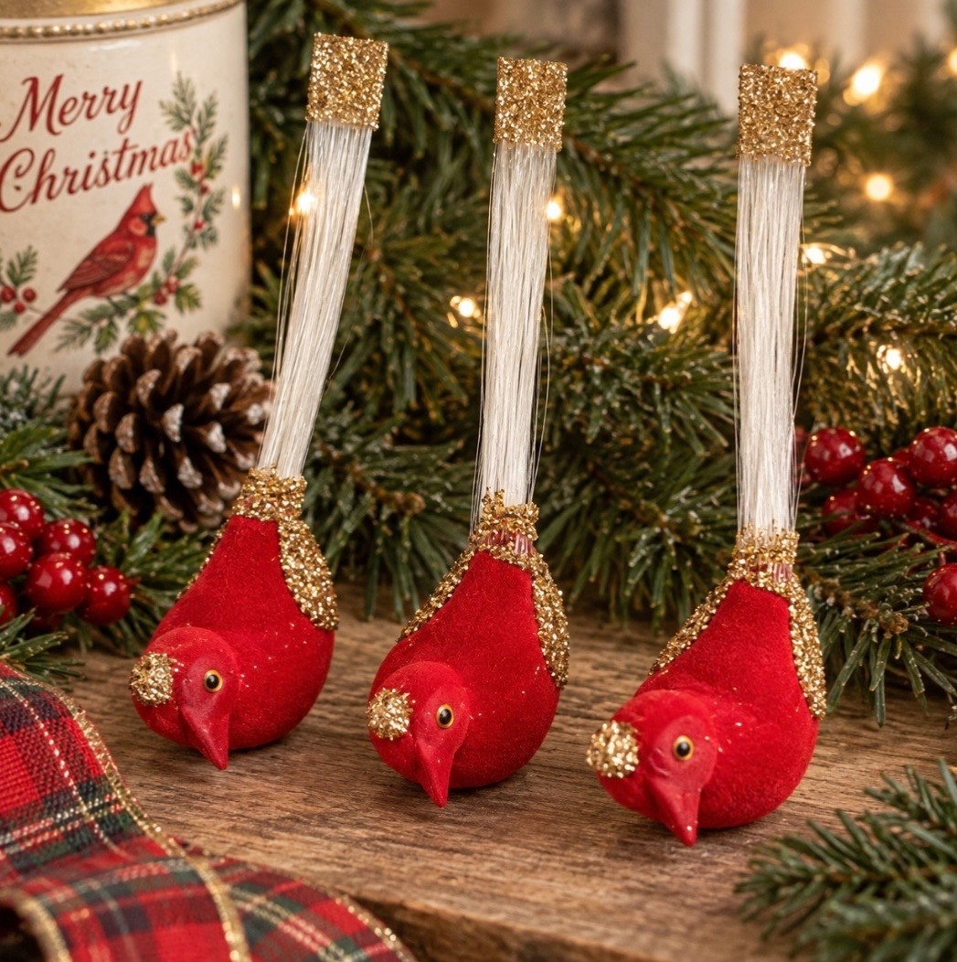 Vintage Bradford\'s Red Cardinal Christmas Ornaments 3 Flocked Gold Glitter NOS