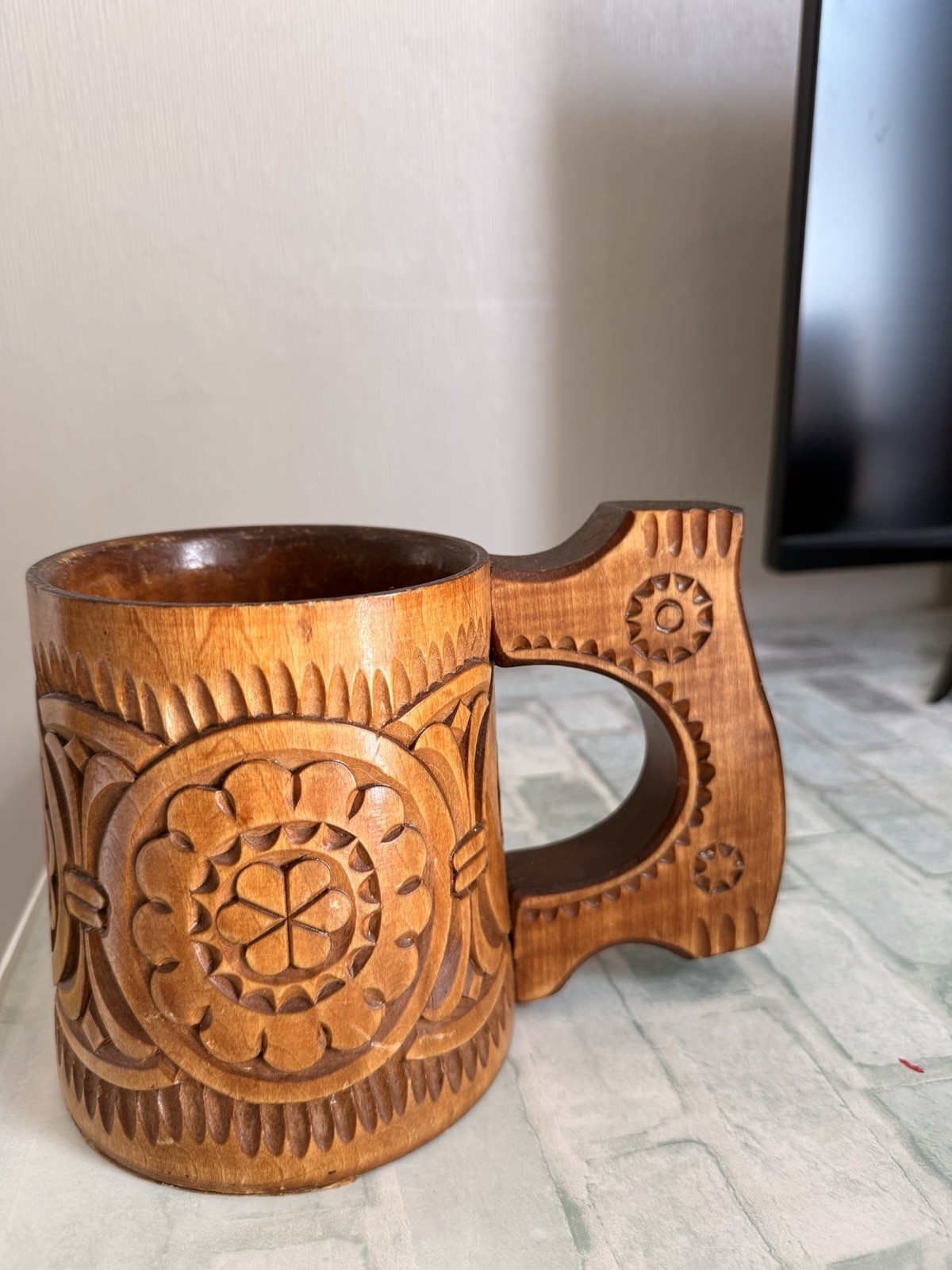 Hand Carved Wooden Decorative Mug \