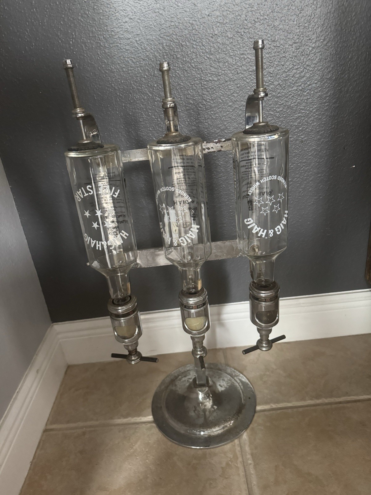 Antique Triple Liquor Whiskey Bottle Bar Pub Dispenser Stand Pearl 1930’s 