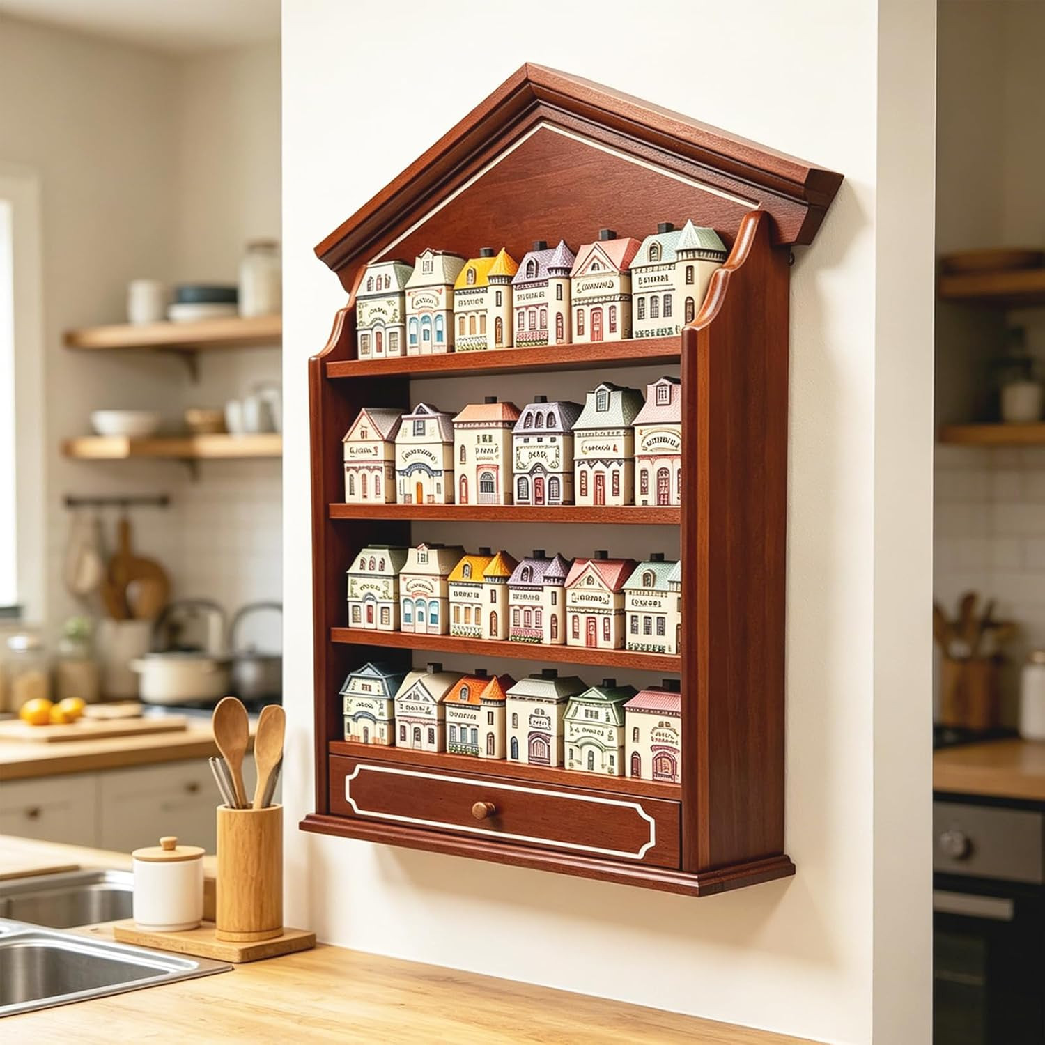 Vintage Wooden Spice Rack with Drawer and 4 Shelves, Wall Mounted Spice Village